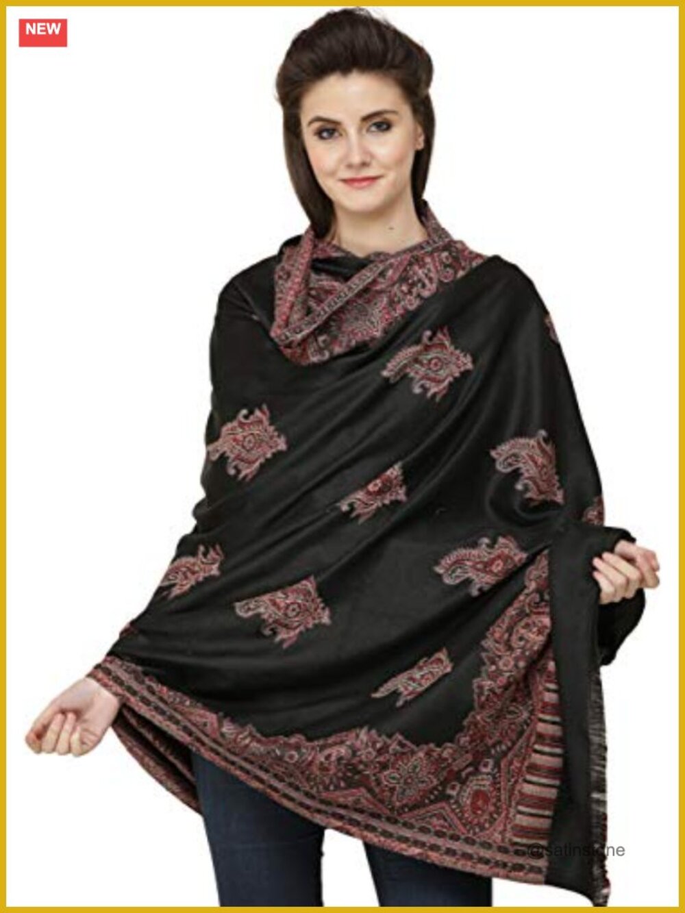 100% Wool Jamawar Shawl Woven Border Paisleys All-Over Wrap